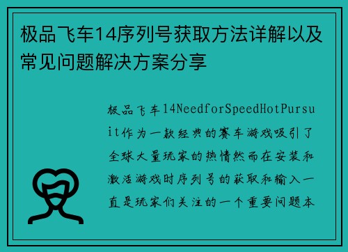 极品飞车14序列号获取方法详解以及常见问题解决方案分享