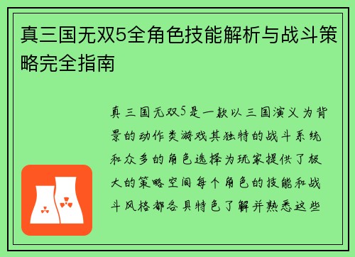 真三国无双5全角色技能解析与战斗策略完全指南
